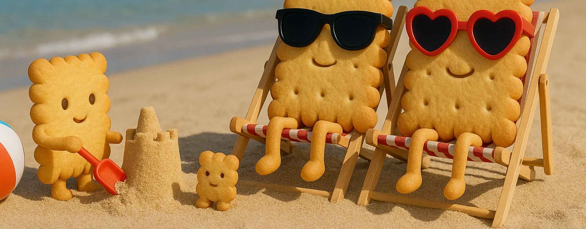 famille de biscuits au bord de la plage, les parents sont dans un transat et les enfants biscuits s'amusent dans le sable