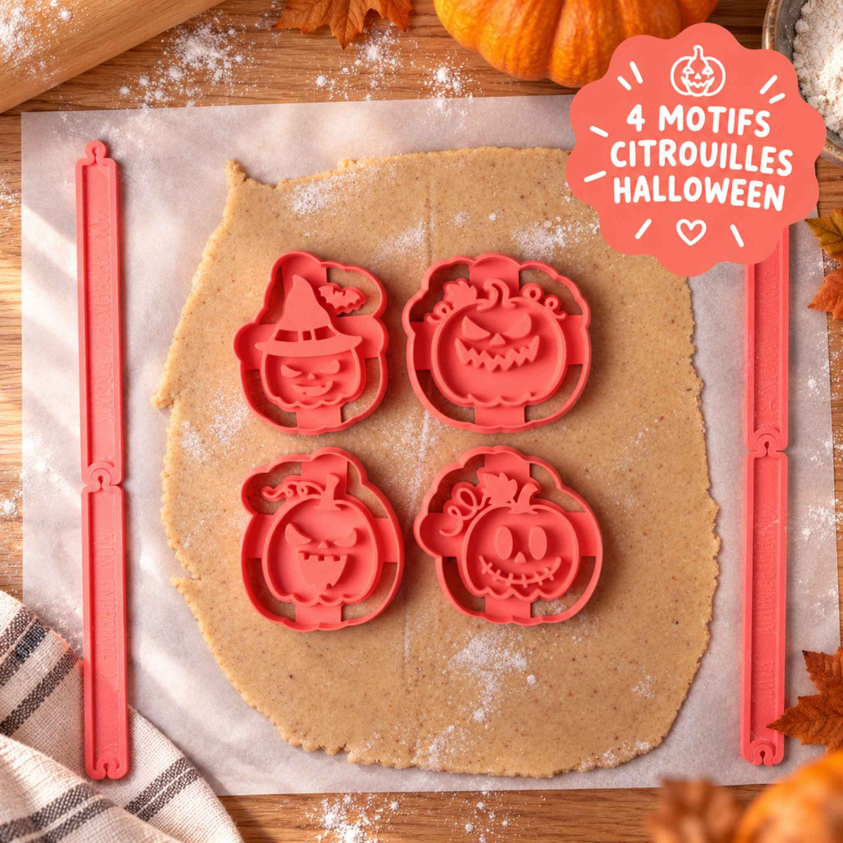 4 motifs citrouille Halloween marqués en relief dans la pâte