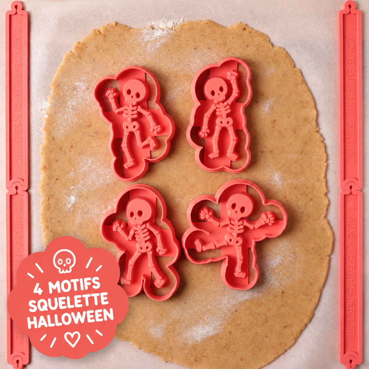 4 motifs squelette Halloween marqués en relief dans la pâte