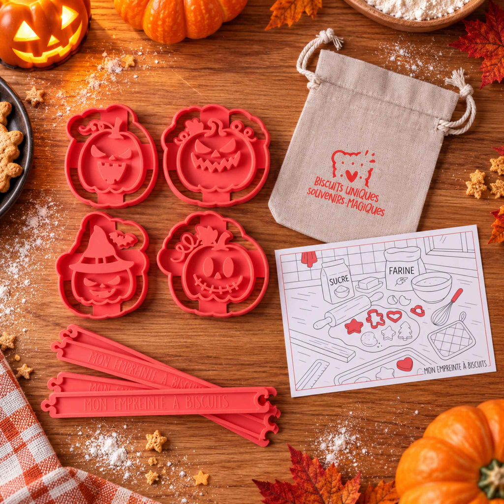 Contenu du kit : 4 emporte-pièces citrouilles, règles d'épaisseur, pochon en lin et recette