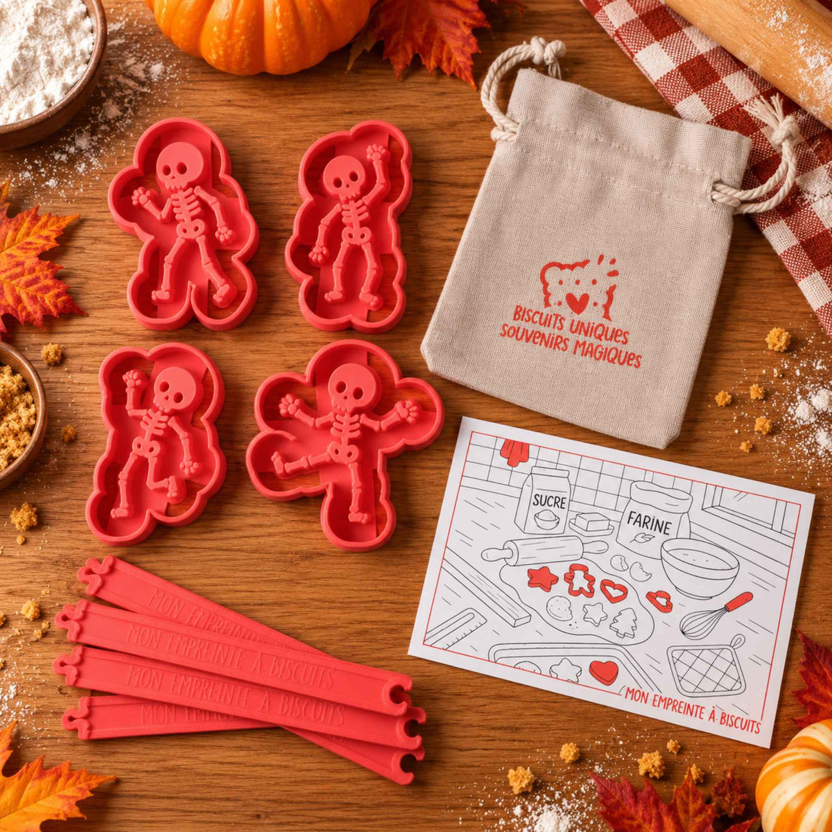 Contenu du kit : 4 emporte-pièces squelettes, règles d'épaisseur, pochon en lin et recette