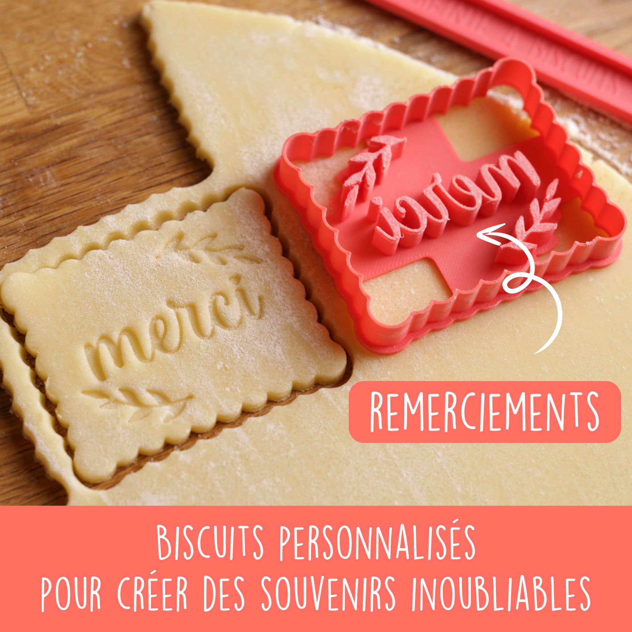 Emporte-pièce "Merci" avec feuilles de laurier ou eucalyptus