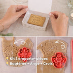 Kit emporte-pièce présenté avec son biscuit décoré pour un baptême signé Mon Empreinte à Biscuits